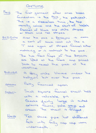 Information about the traditional costume that Llangwm Pembrokeshire fisherwomen wore. Details include information about pais, bedgwn, blouse, apron, shawl, hats